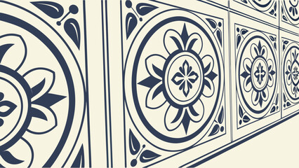 Poster - Repeating pattern of square tiles featuring floral designs in dark blue on a light beige background created with generated ai