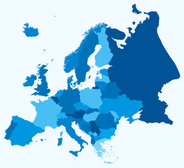 Poster - Map of Europe with countries. Just a simple continent border map with country division. Light blue color palette. Plain Europe shape with administrative division. Vector illustration.