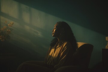 Poster - Woman in quiet reflection sitting in a soft-lit room filled with warm shadows and a flower arrangement