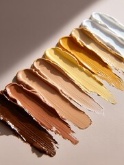 Poster - Various shades of paint displayed in a line on a smooth surface under soft lighting