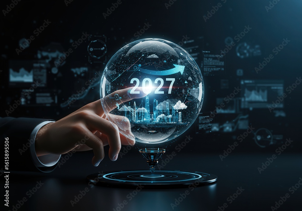 World In 2027 Futuristic digital globe with 2027 projection and data visualization ...