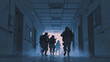 © Thiago - Standoff in dark corridor, guards frozen mid-step as ventilation flickers cold air. Illustration