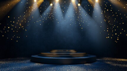 Wall Mural - dark blue podium with golden sparkles and spotlights.
