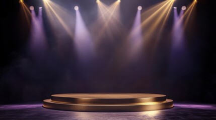 Wall Mural - golden stage with spotlights and dark background.