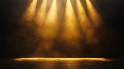Wall Mural - dramatic golden spotlight beams illuminating smoky dark stage floor.