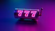 © Fatma - Close up of a vintage slot machine reel displaying the winning combination of three sevens illuminated by vibrant neon pink light against a dark blue and purple gradient background