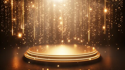 Wall Mural - golden stage with glittering lights and particles, perfect for award ceremonies or product displays.