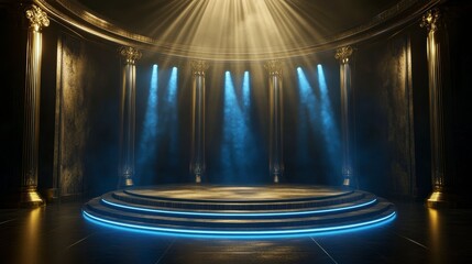 Wall Mural - circular stage with golden columns and blue lighting.