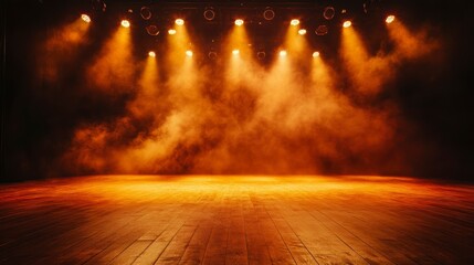 Wall Mural - empty stage with warm lighting and smoky atmosphere, perfect for concerts or performances.