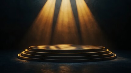 Wall Mural - dramatic three-tiered pedestal illuminated by golden spotlights in a dark setting.