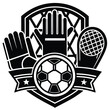 © shahin - Sports Equipment Emblem with Soccer Ball Tennis Racket and Goalie Gloves Black and White Design Symbol Graphic
