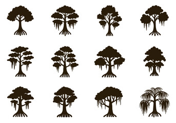 Twelve silhouette trees with differing branch and hanging moss patterns arranged in a grid