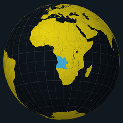 Poster - Angola on Globe. Country view on the world map in Charcoal Bright Yellow color palette. Angola shape on map. Globe with meridians, parallels, countries, rivers and lakes. Elegant vector illustration.