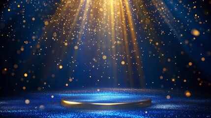 Poster - Golden circular platform illuminated by spotlights on a blue glittering surface.