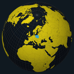 Poster - Poland on Globe. Country view on the world map in Charcoal Bright Yellow color palette. Poland shape on map. Globe with meridians, parallels, countries, rivers and lakes. Trending vector illustration.