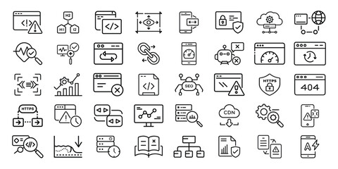 Set of web development icons depicting programming, coding, and website optimization in vector format