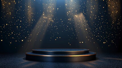 Wall Mural - elegant two-tiered dark blue podium with golden sparkles and spotlights on dark background.