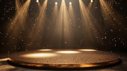 Wall Mural - illuminated circular stage with spotlight beams and golden glitter.