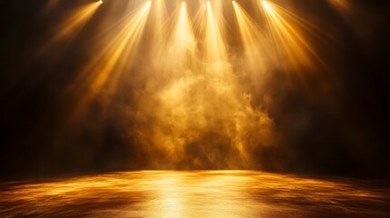 Wall Mural - golden spotlight beams illuminating smoky stage floor.