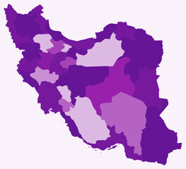  Map of Iran with regions. Just a simple country border map with region division. Purple color palette. Blank Islamic Republic of Iran shape with administrative division. Vector illustration.