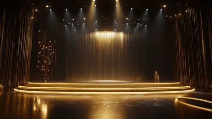Wall Mural - empty stage with golden curtains, spotlights, and a podium, ready for an award ceremony or performan