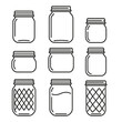 © VideoHub - Mason Jar Icons. Line vector icons of Mason canning jars: pint mason jar, quart mason jar, half-pint mason jar, jelly mason jar,
