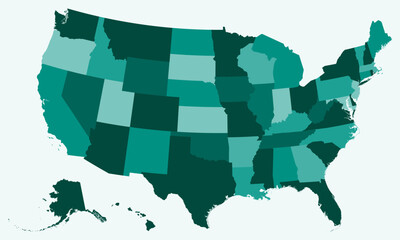 Poster - Map of United States. Just a simple border map with state division. Teal color palette. Blank map with administrative division. Vector illustration.