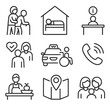© VideoHub - Accessible Services Icons. Line style icons of accessible public services: social support center, temporary shelter station,