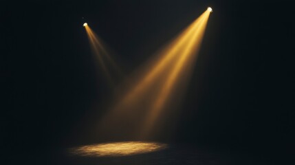 Wall Mural - two golden spotlights illuminate a dark stage, creating a dramatic effect with hazy beams.