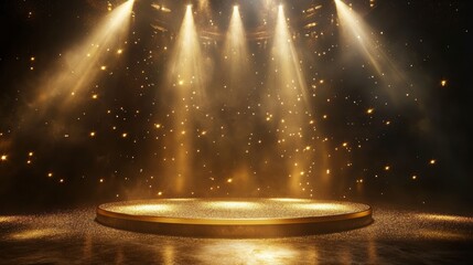 Wall Mural - golden stage with spotlights, glitter, and smoke.
