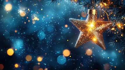 Poster - Glowing christmas stars adorning fir branch with pine cones, golden lights casting festive shimmer against deep blue backdrop