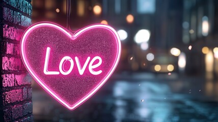 Poster - Luminous pink neon heart sign glowing with love message, radiating against blurred bokeh background of vivid lights