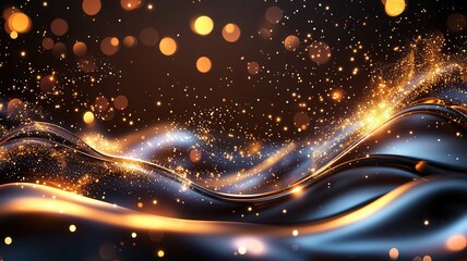 Poster - Golden particles and bright lights flowing on an abstract black background, creating a luxurious and festive atmosphere