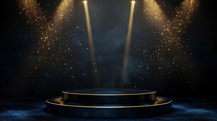 Wall Mural - dark stage with golden spotlight, empty pedestal, and glittering particles.