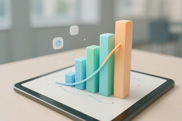 Aufkleber - Business growth chart visualization: A sleek tablet displays an innovative business growth chart, its bars of pastel hues soaring towards the summit of success.