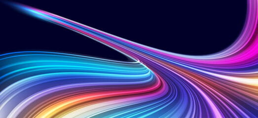 Poster - Modern abstract high speed movement with dynamic motion light trails, speed effect on dark blue background. Futuristic digital technology concept. Pattern for banner. Vector EPS10.