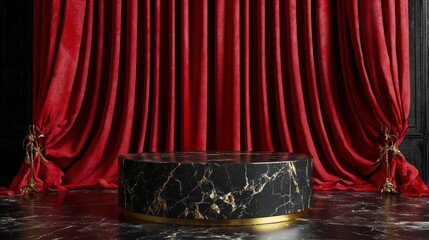 Wall Mural - black marble podium with gold trim against a backdrop of rich red velvet curtains.