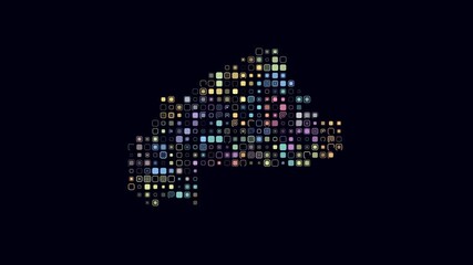 Poster - Burkina Faso dotted animation. Shape of the country build of pulsating colored dots. Large size rounded square blocks. Digital style map on dark background. Plain video.