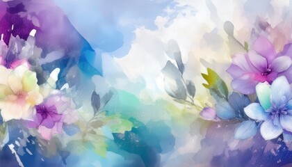 Wall Mural - dreamy pastel floral watercolor background with soft violet and blue blossoms for elegant wedding or spring design

