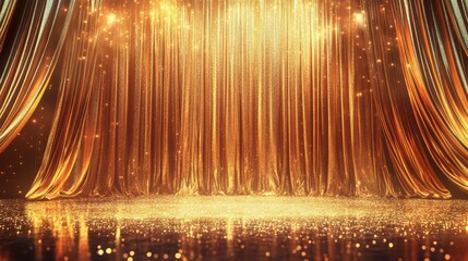 Wall Mural - golden stage curtains with sparkling lights, perfect for award shows, presentations, or theatrical p