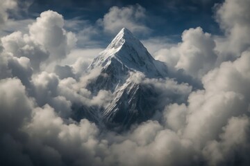 Wall Mural - a solitary mountain peak stands tall amidst a vast expanse of fluffy clouds, symbolizing resilience 