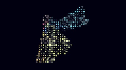 Poster - Jordan dotted animation. Shape of the country build of pulsating colored dots. Large size square blocks. Digital style map on dark background. Plain video.