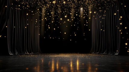 Wall Mural - elegant black stage curtains with golden glittering lights and spotlight beams.