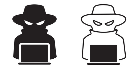 Hooded Hacker Silhouette with Laptop – Cybercrime, Hacking, and Digital Threat Vector Icon