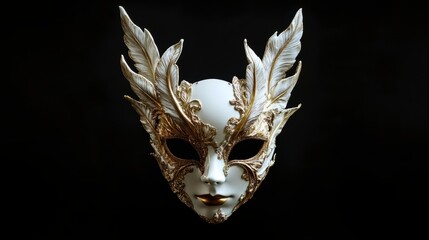 Poster - Elegant white and gold Venetian mask with feather details against a black background.