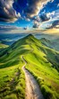 © Md Nurullah  - Photo of a winding dirt path leads up a lush green mountain under a dramatic sky with golden hour sunlight