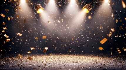 Wall Mural - golden confetti falls on stage with spotlights.