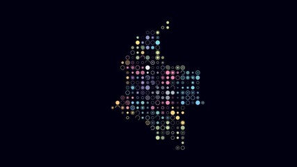 Poster - Colombia dotted animation. Shape of the country build of pulsating colored dots. Large size circle blocks. Digital style map on dark background. Beautiful video.