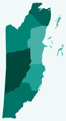 Poster - Map of Belize with regions. Just a simple country border map with region division. Teal color palette. Plain Belize shape with administrative division. Vector illustration.