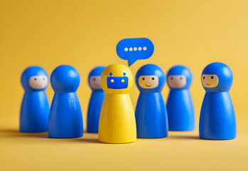 Poster - AI assistant, business and technology, chatbot team support service concept. Group of blue peg dolls with chat robot face icon, standing together with conversation on yellow background, minimalist.